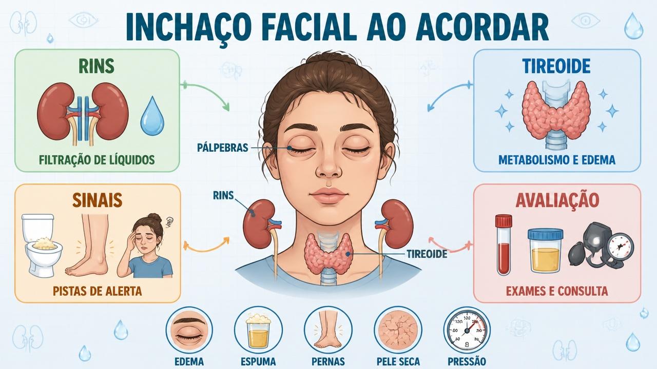 Infográfico resume rins, tireoide, sinais de alerta e avaliação médica.