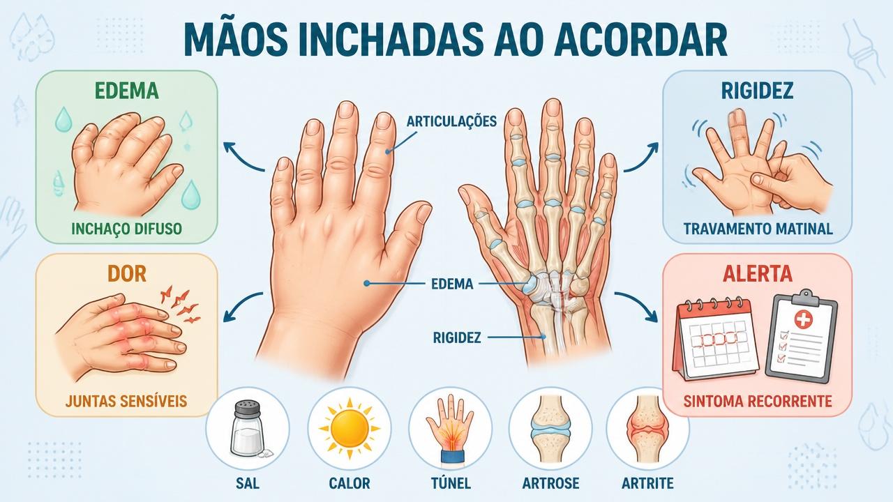 Infográfico resume edema, rigidez, dor e sinais de alerta nas mãos.