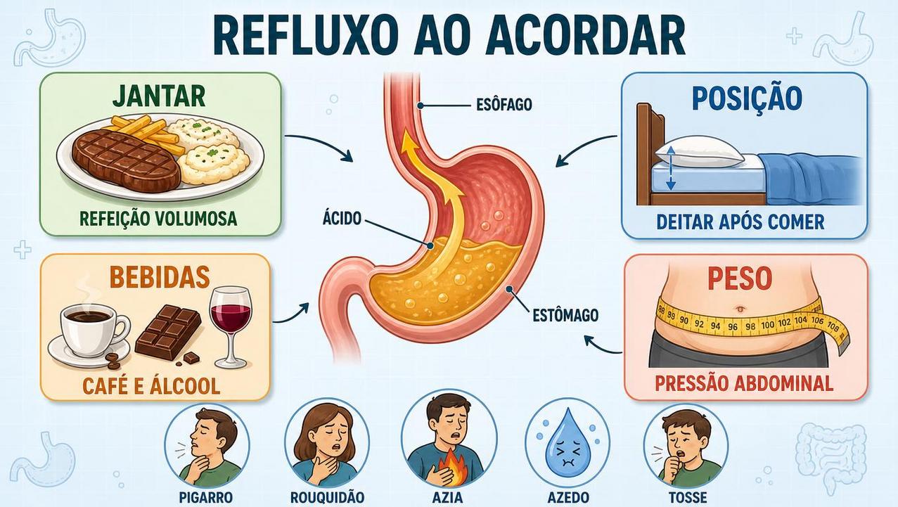 Infográfico mostra gatilhos noturnos e sinais comuns do refluxo ao despertar.