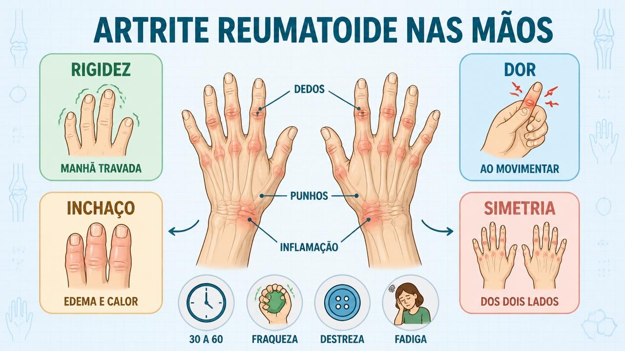 Infográfico mostra rigidez, dor, inchaço e simetria como sinais importantes.