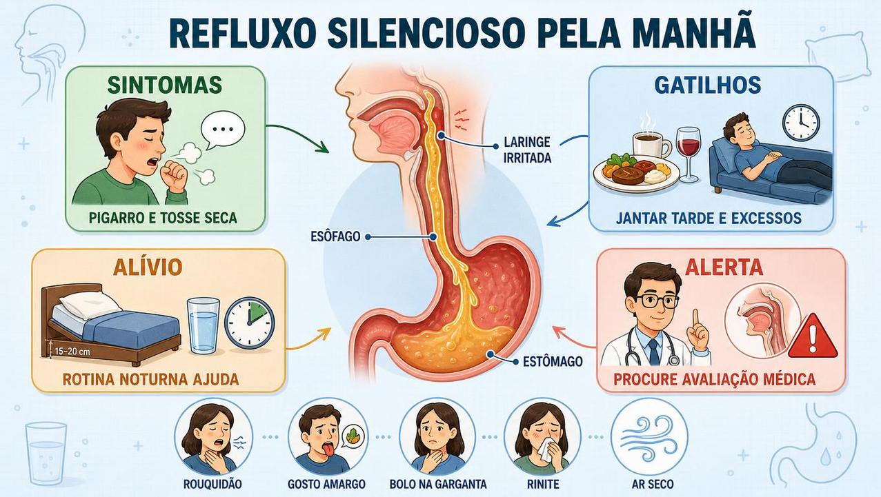 Infográfico resume sintomas, gatilhos, alívio e sinais de alerta do refluxo.