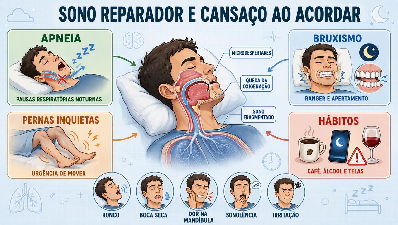 Apneia, bruxismo, pernas inquietas e hábitos noturnos afetam o sono reparador.