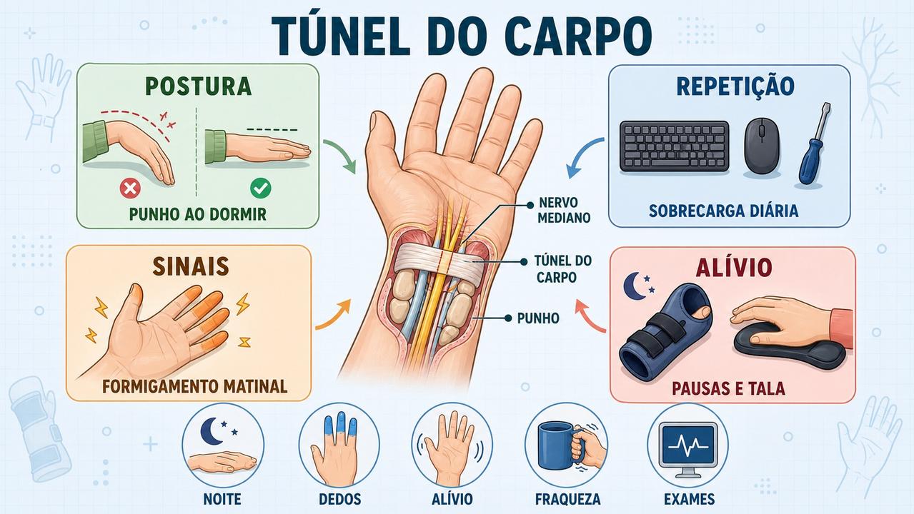 Postura, repetição, sinais e alívio orientam o cuidado com o punho.