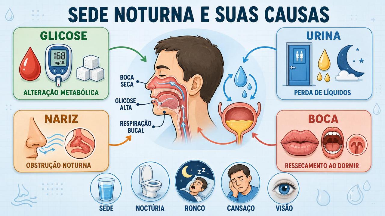 Infográfico resume glicose, perda de líquidos, obstrução nasal e boca seca.