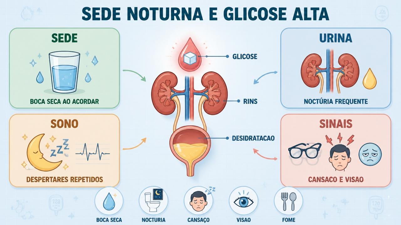 Infográfico resume sede, urina, sono e sinais ligados ao açúcar alto.