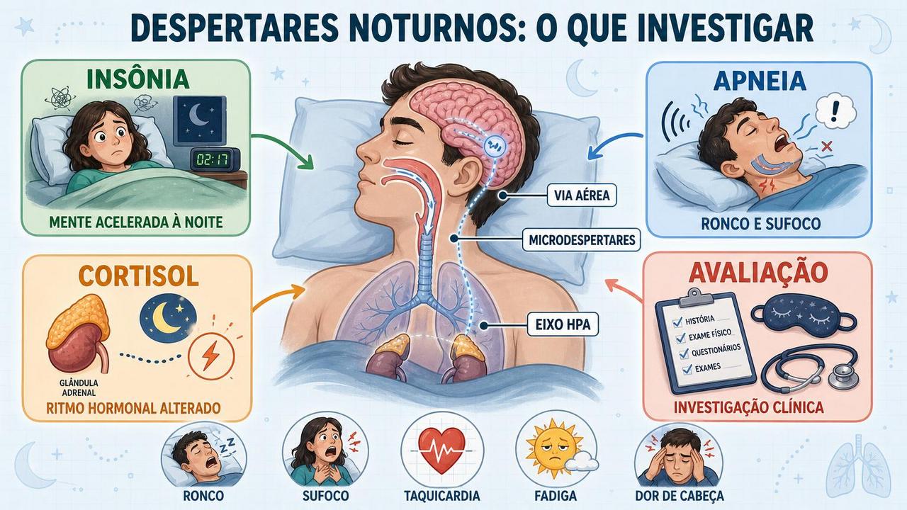 Insônia, apneia, cortisol e avaliação médica orientam a investigação dos despertares noturnos.