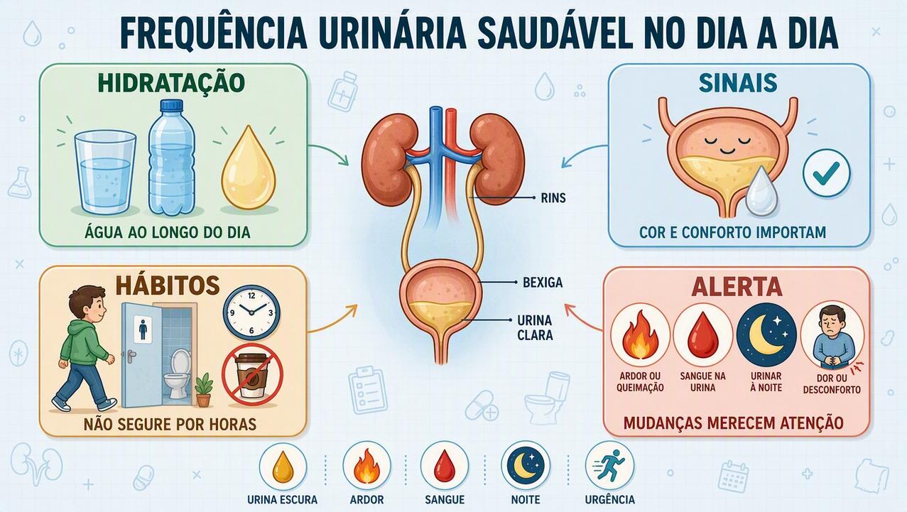 Infográfico resume hidratação, sinais, hábitos e alertas da frequência urinária saudável.