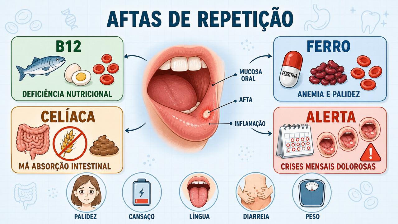 B12, ferro, doença celíaca e sinais de alerta ajudam a investigar aftas.