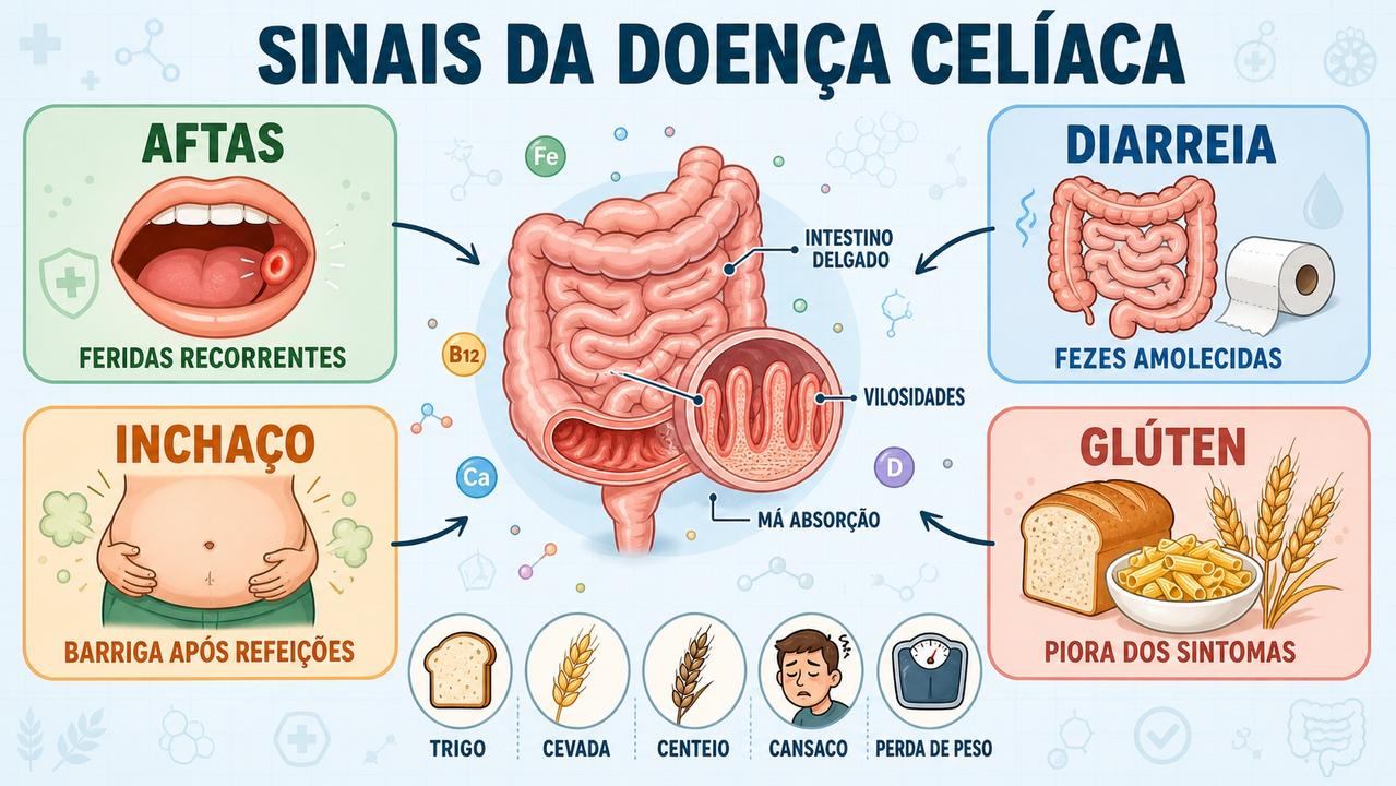 Infográfico reúne aftas, diarreia, inchaço e glúten como pistas da doença celíaca.