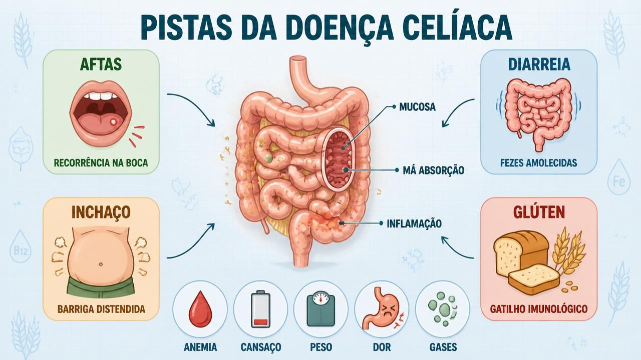 Infográfico resume aftas, diarreia, inchaço e glúten como pistas clínicas.
