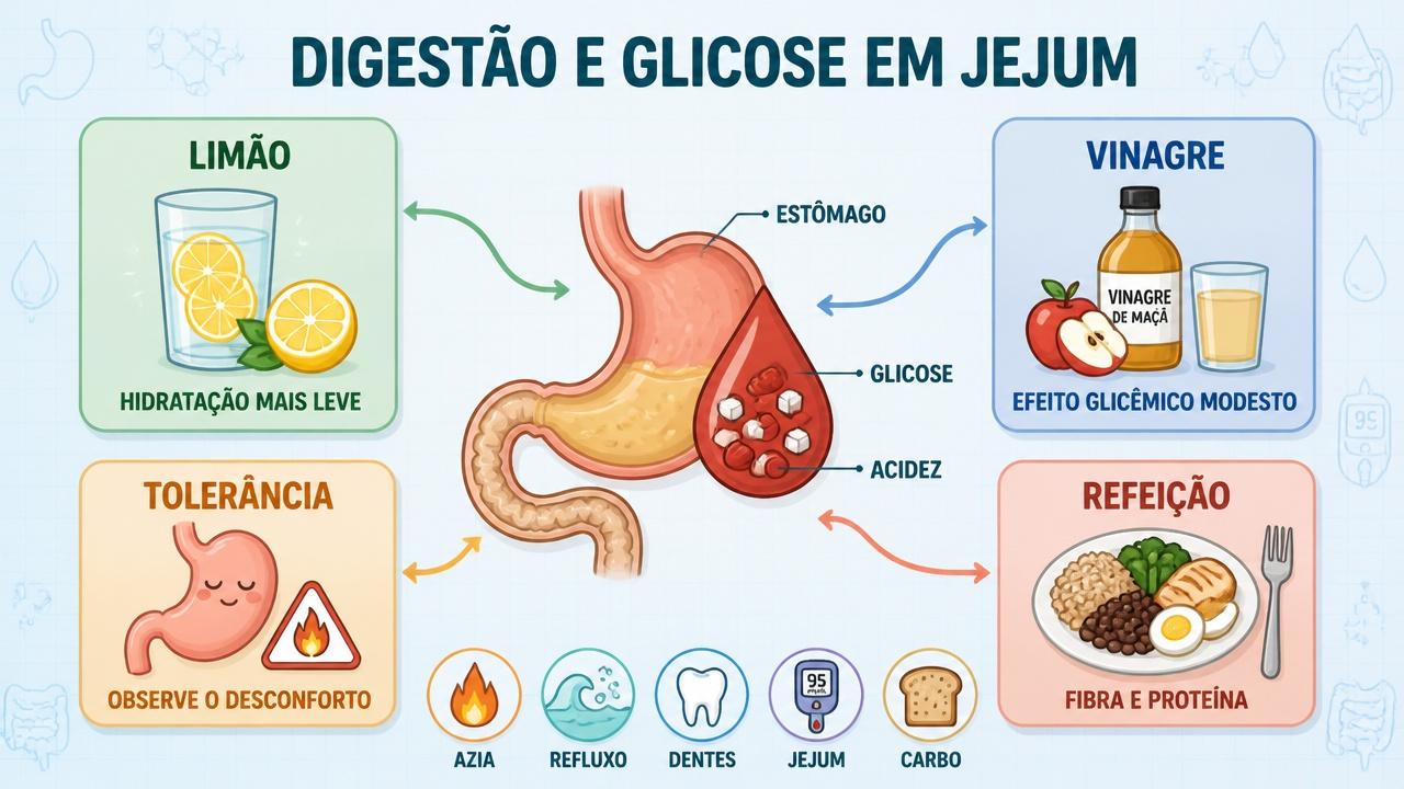 Infográfico resume tolerância, glicose, acidez e papel das refeições no jejum.