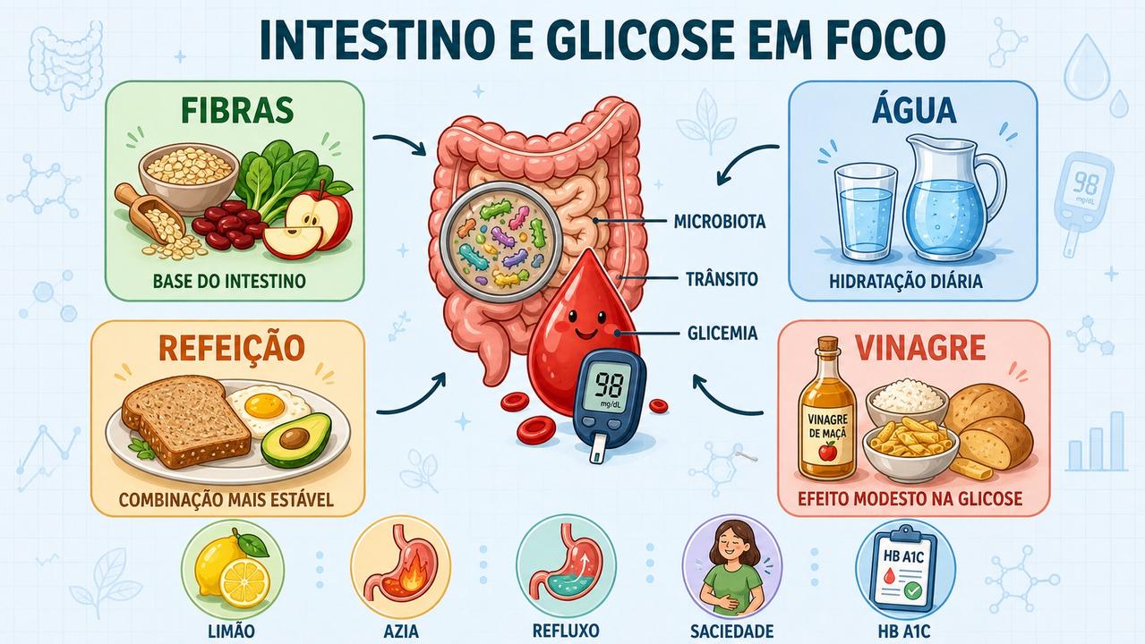 Fibras, água, refeição equilibrada e vinagre orientam melhor intestino e glicemia.
