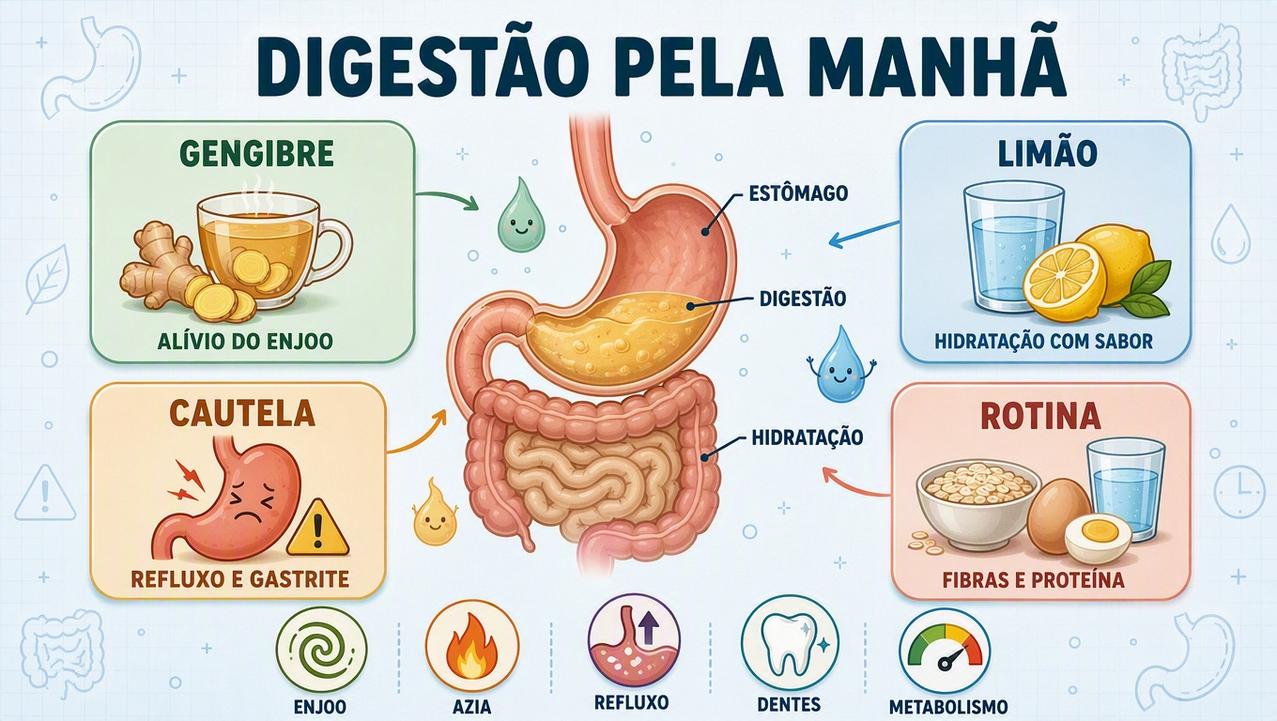 Infográfico resume hidratação, cautelas digestivas e escolhas matinais com gengibre ou limão.