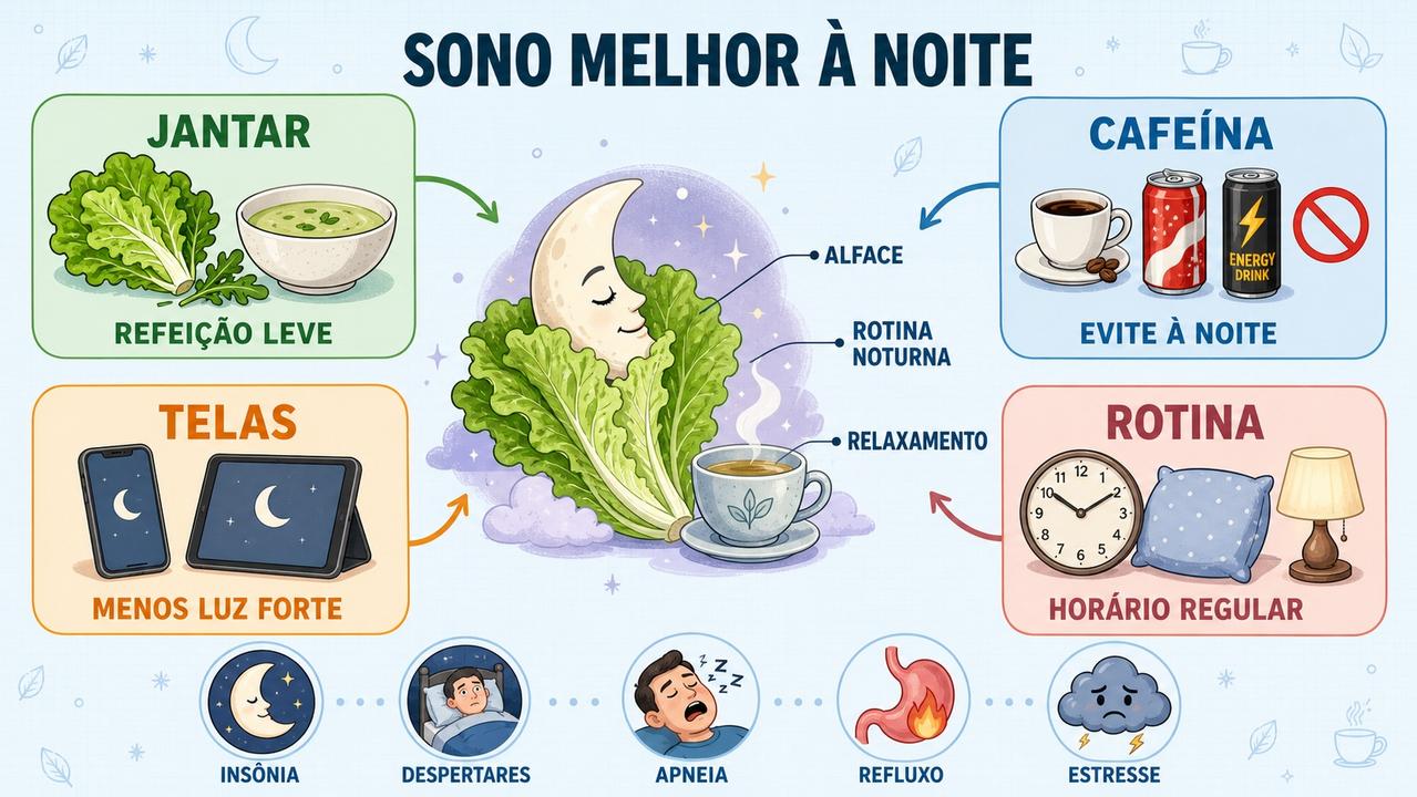 Jantar leve, menos cafeína, menos telas e rotina regular favorecem o sono.