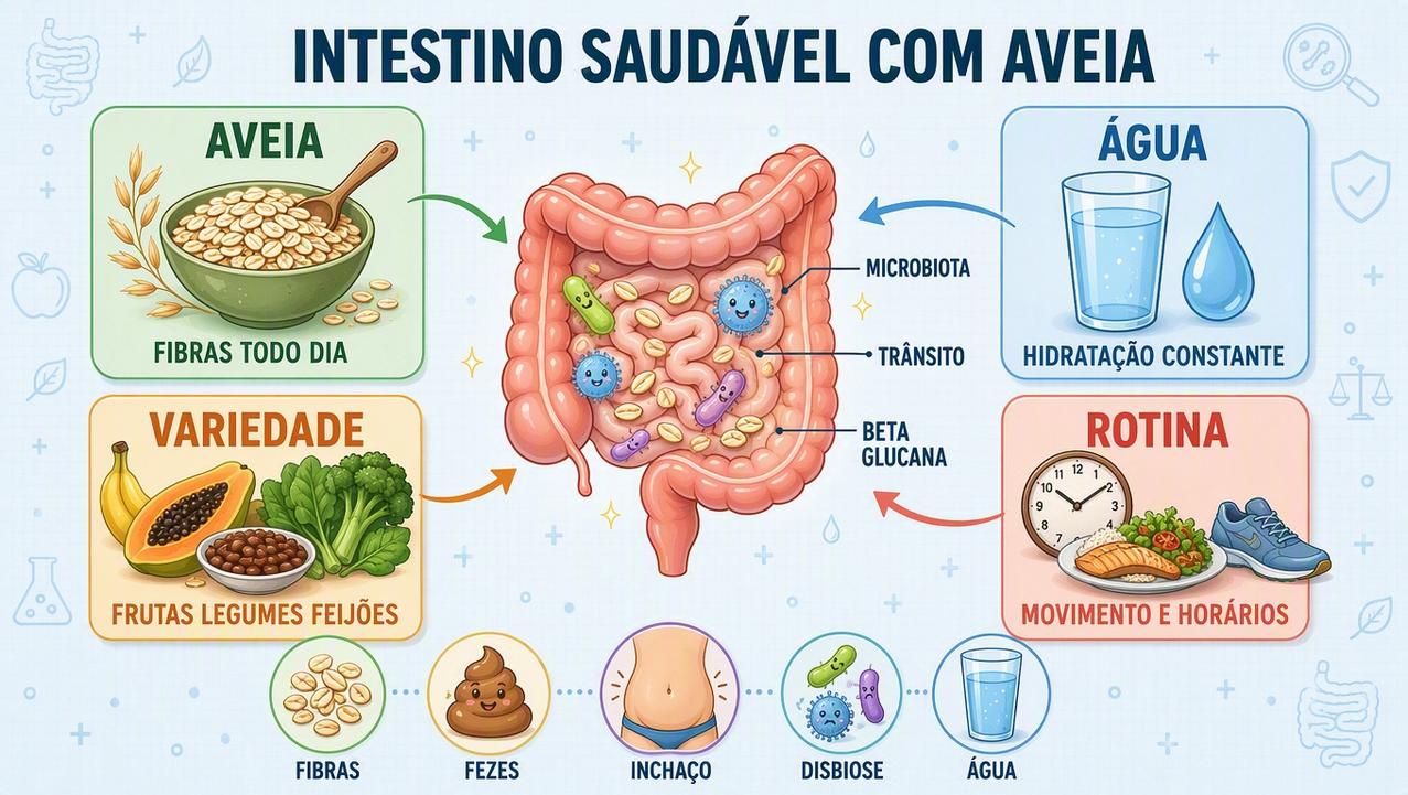 Os pilares da saúde intestinal com aveia, água, variedade e rotina.
