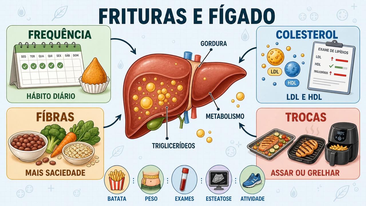 Frequência, colesterol, fibras e trocas culinárias explicam o impacto metabólico das frituras.