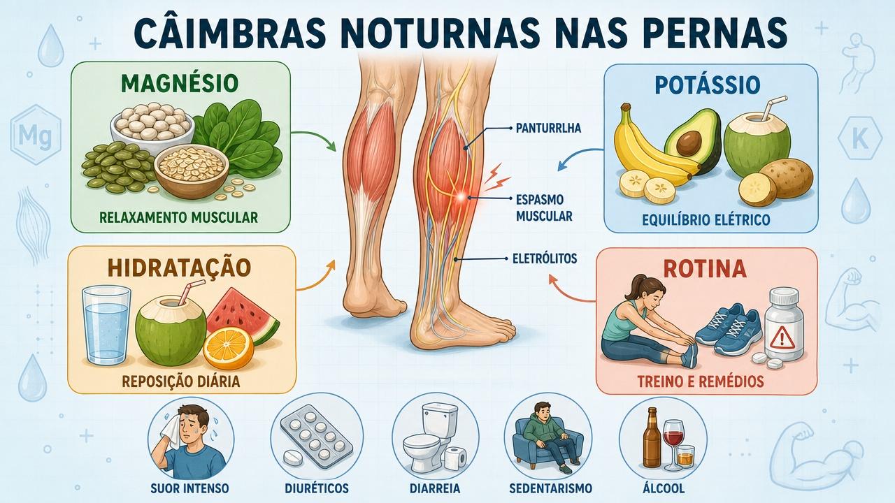 Magnésio, potássio, hidratação e rotina influenciam câimbras noturnas frequentes.
