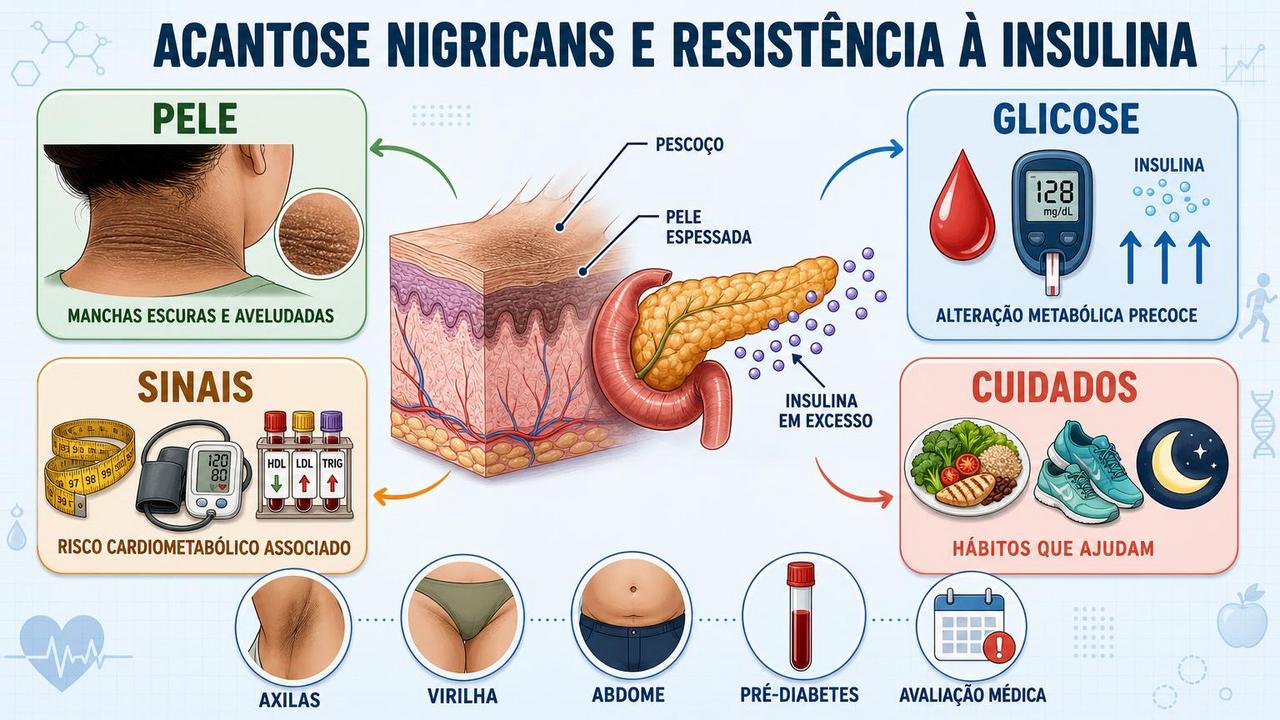 Infográfico resume sinais, metabolismo, riscos associados e cuidados para acantose nigricans.