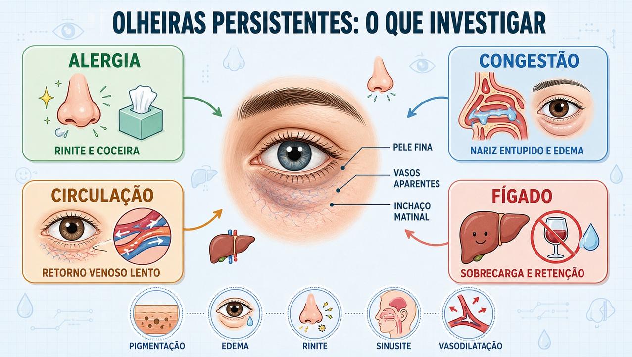 Infográfico resume os principais fatores por trás das olheiras profundas e recorrentes.