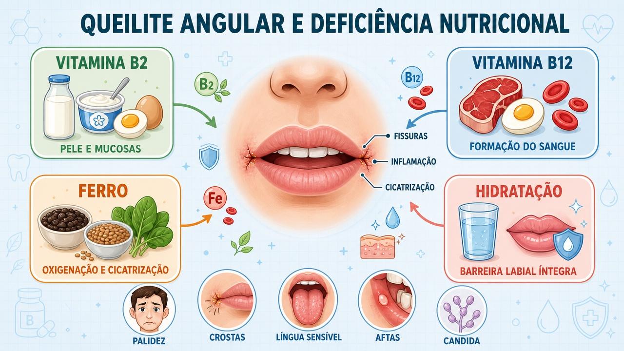 Infográfico resume nutrientes e sinais ligados à queilite angular recorrente.