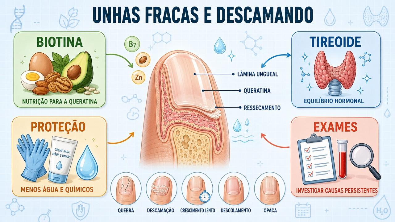 Biotina, tireoide, proteção e exames orientam o cuidado com unhas frágeis.