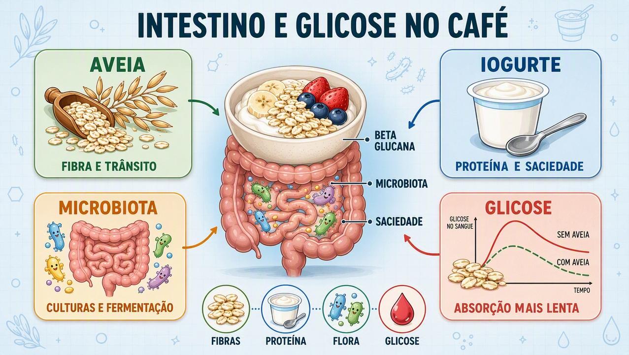 Infográfico resume fibras, proteína, microbiota e glicose no café da manhã.