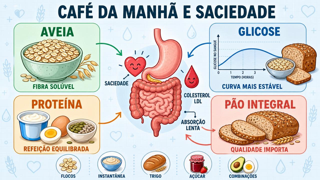Infográfico compara aveia, pão integral, proteína e impacto metabólico no café da manhã.