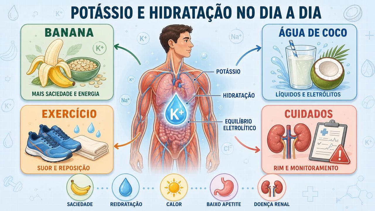 Infográfico resume potássio, hidratação, exercício e cuidados renais na escolha diária.