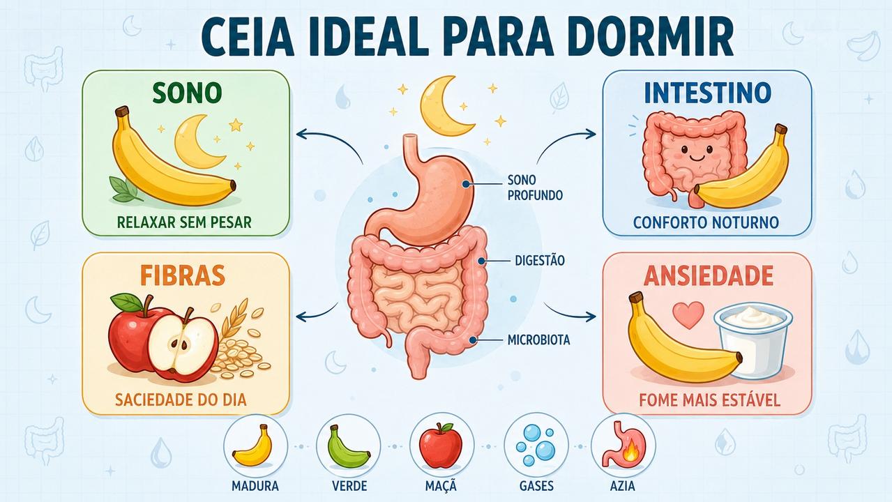 Infográfico resume sono, intestino, fibras e ansiedade na escolha da ceia.