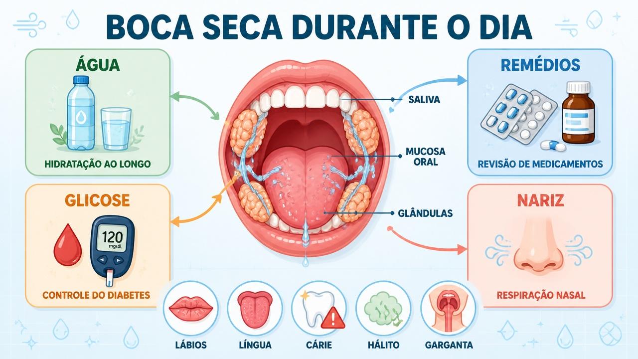 Hidratação, glicose, medicamentos e respiração nasal orientam a investigação da boca seca.