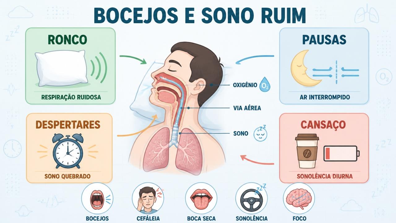 Ronco, pausas, despertares e cansaço formam os principais sinais associados.