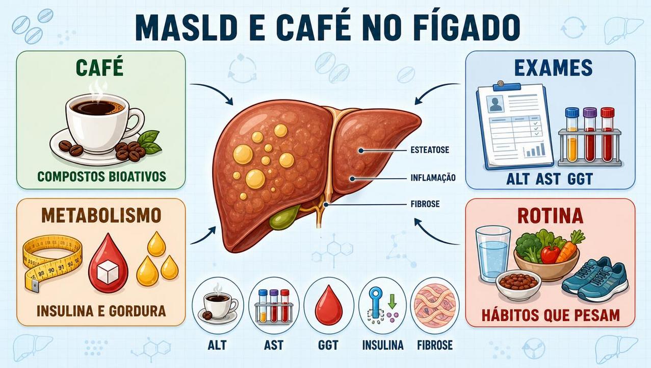 Infográfico resume café, exames, metabolismo e hábitos na MASLD.