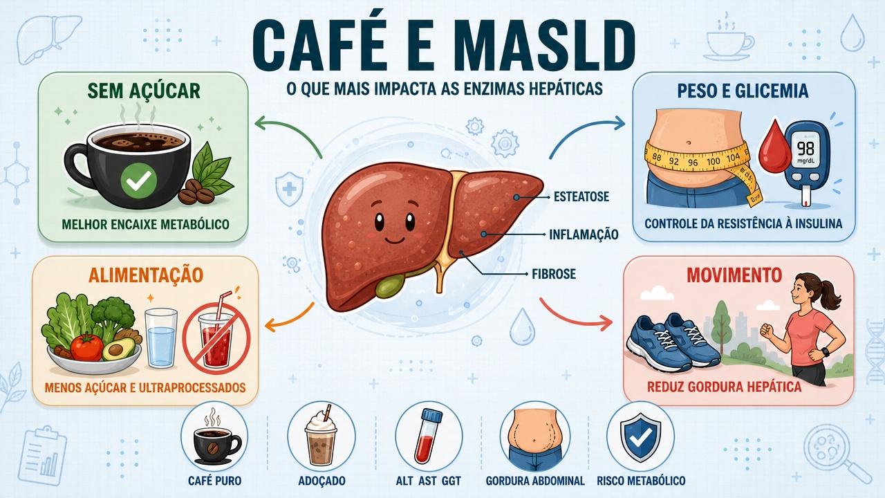 Quatro pilares influenciam enzimas hepáticas e risco metabólico em pessoas com MASLD.
