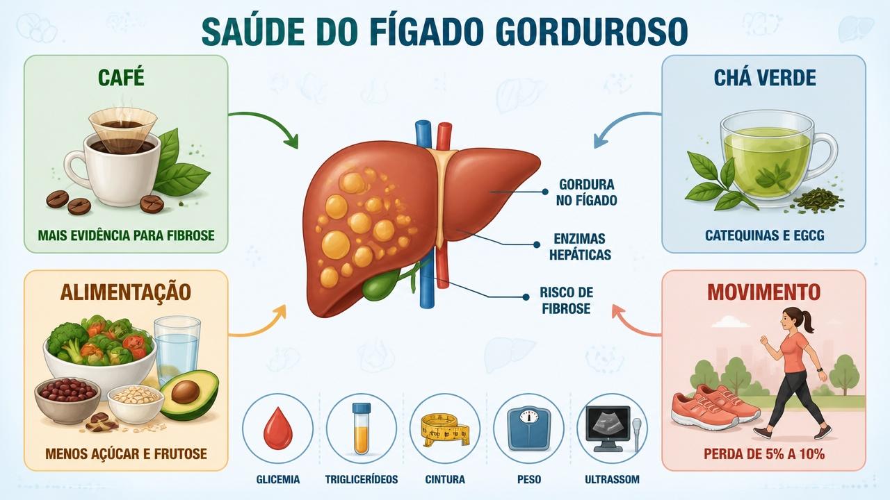 Infográfico resume evidência, alimentação, atividade física e marcadores do fígado gorduroso.
