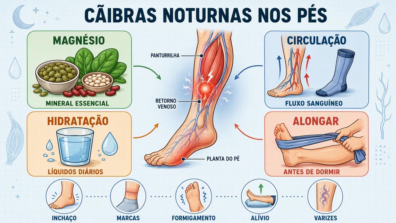 Infográfico resume magnésio, circulação, hidratação e alongamento contra cãibras noturnas.