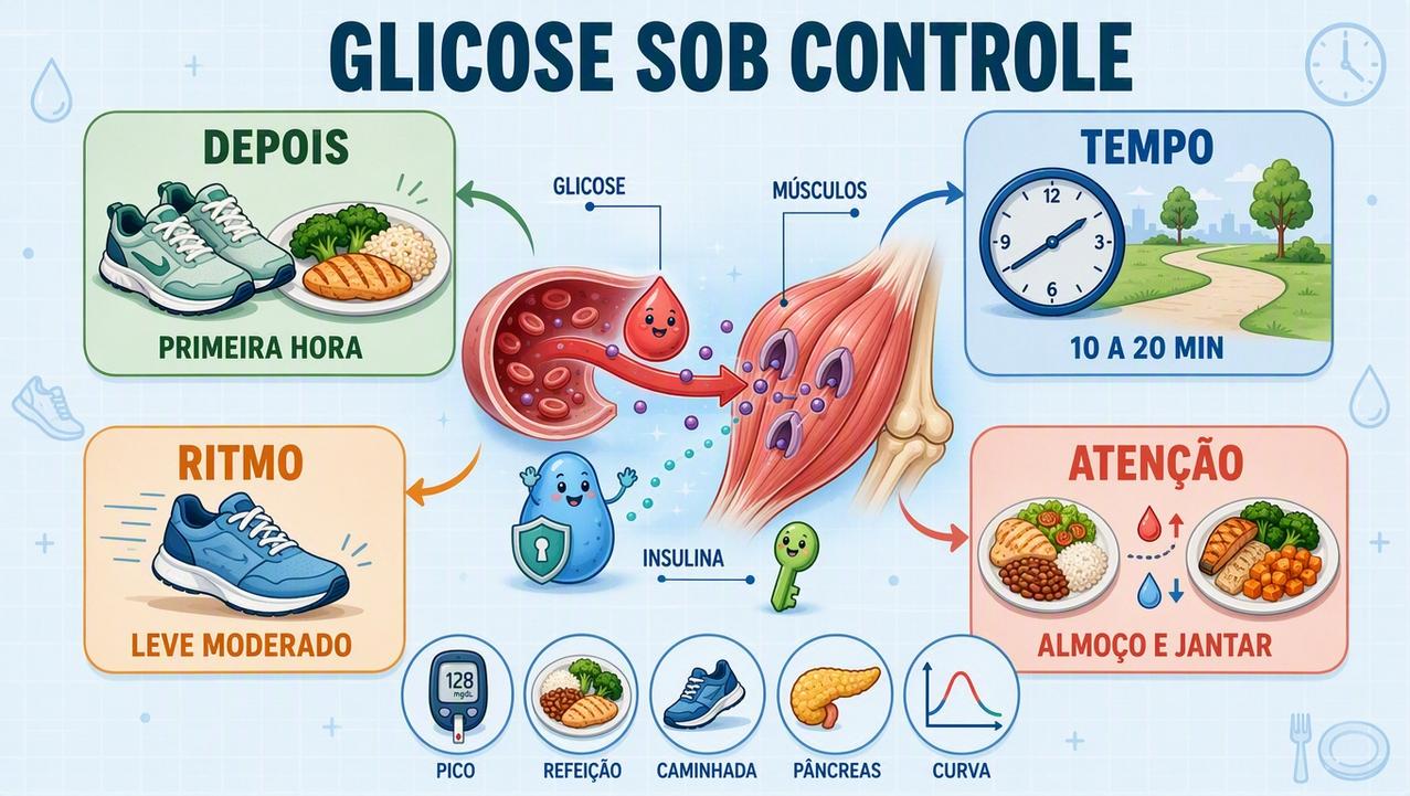Infográfico mostra horário, duração, ritmo e refeições-chave para controlar a glicose.