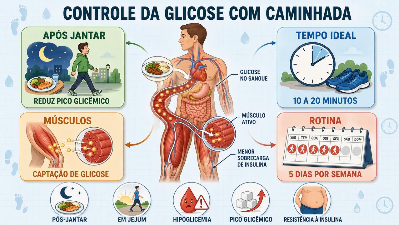Infográfico mostra timing, duração, músculos e rotina no controle glicêmico.