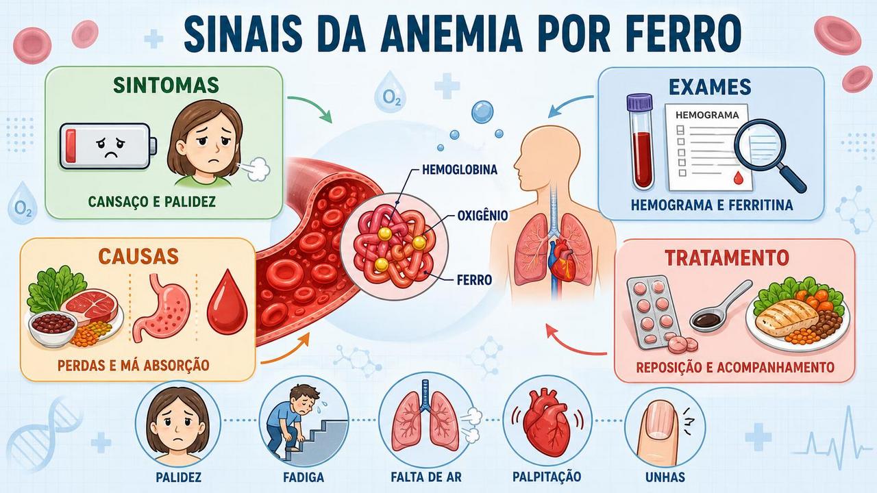 Infográfico resume sintomas, exames, causas e tratamento da anemia por ferro.