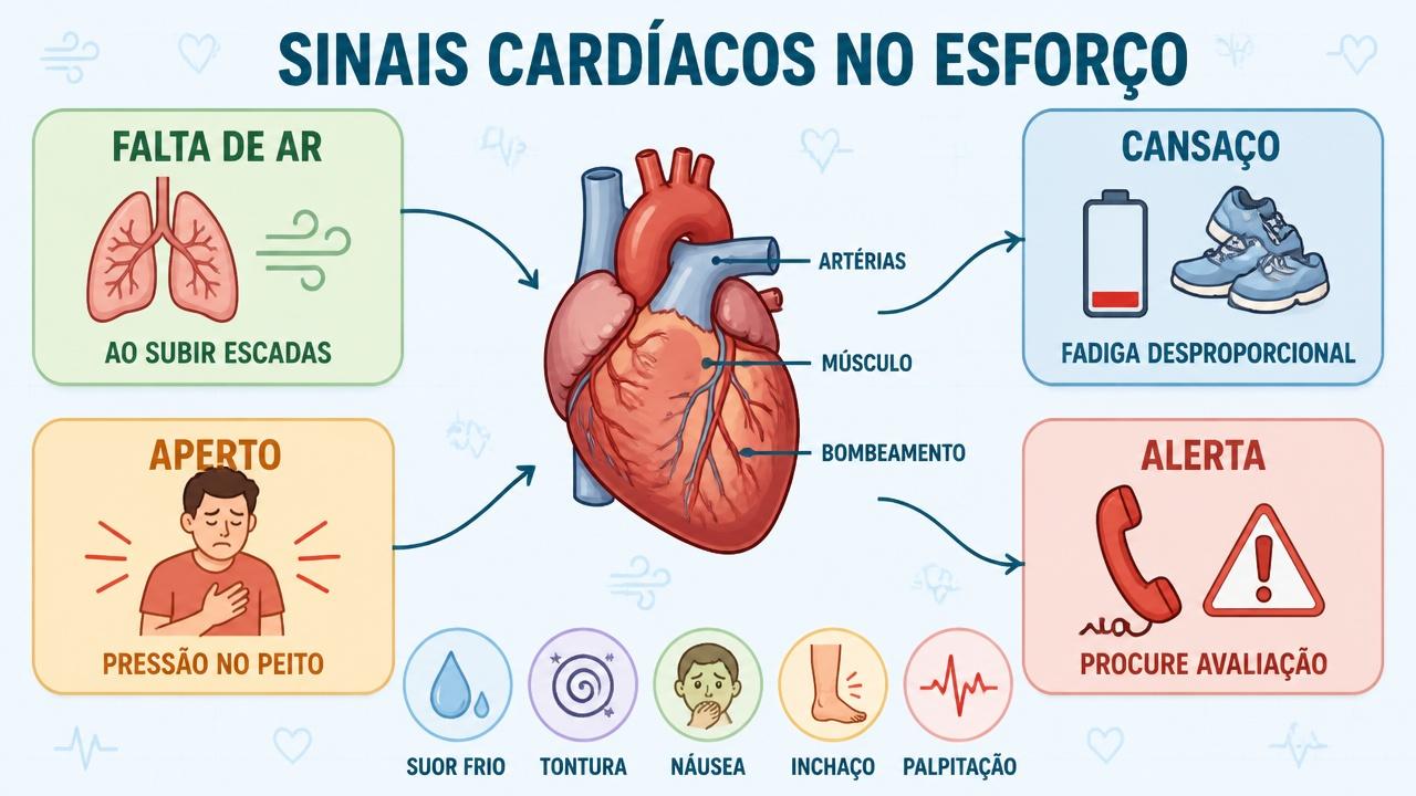 Infográfico reúne sinais precoces de cardiopatia e alertas para avaliação médica.