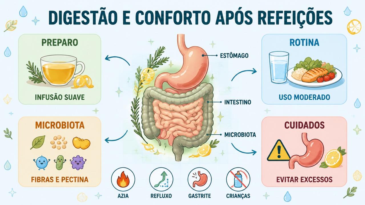 Infográfico resume preparo, rotina, microbiota e cuidados com o chá digestivo.