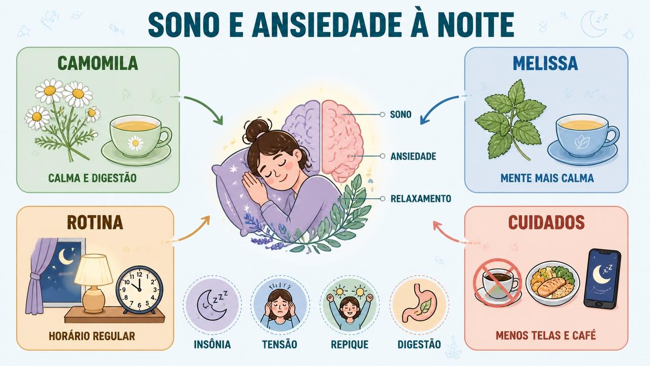 Infográfico resume camomila, melissa, rotina e cuidados para dormir melhor.