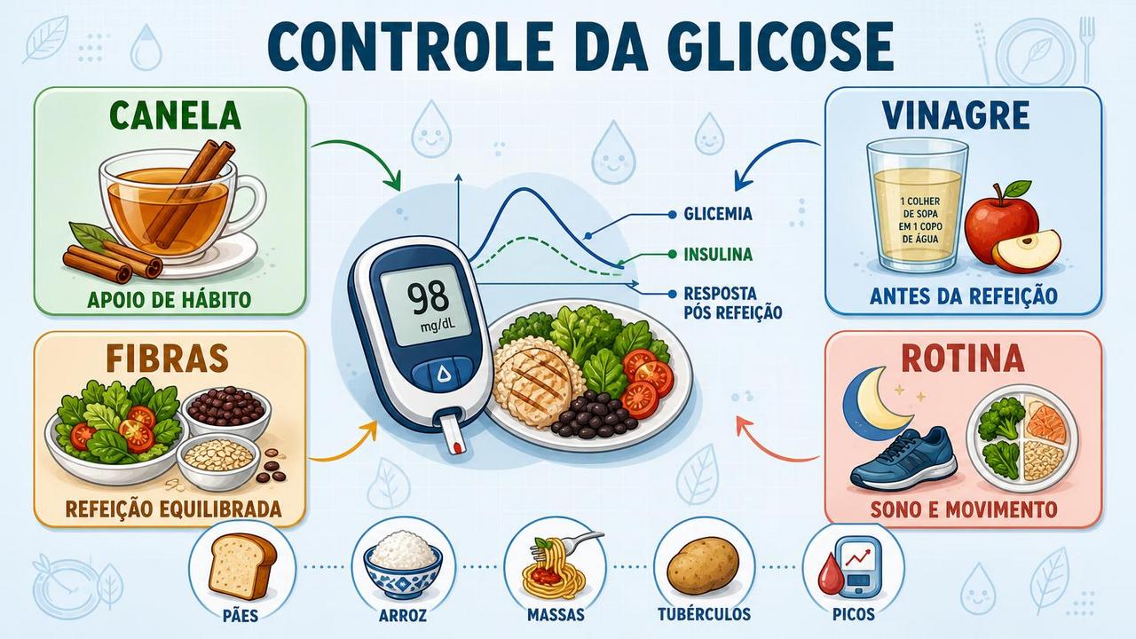 Canela, vinagre, fibras e rotina equilibrada influenciam a resposta da glicose.