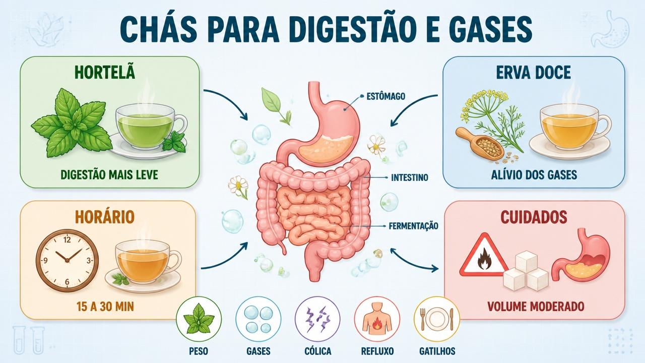 Infográfico compara hortelã, erva-doce, horário ideal e cuidados no pós-refeição.