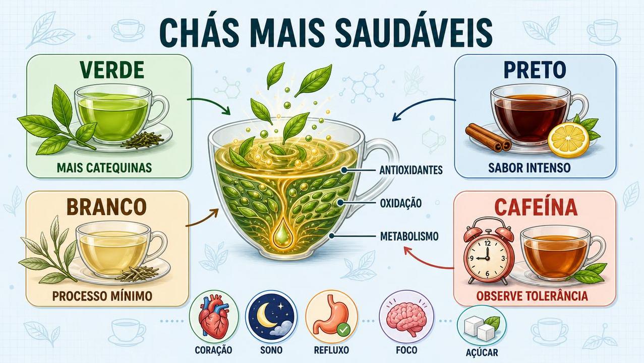 Infográfico resume catequinas, oxidação, cafeína e critérios práticos para escolher melhor.