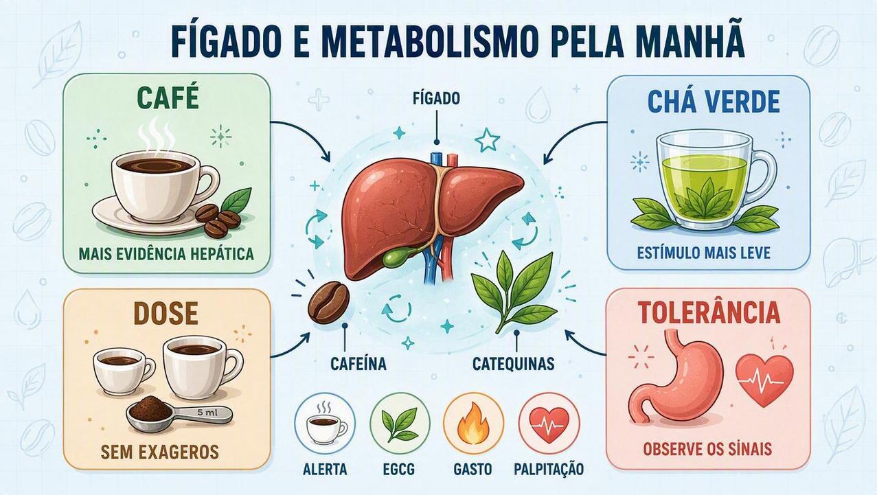 Infográfico resume evidências, dose, tolerância e efeitos de café e chá verde.
