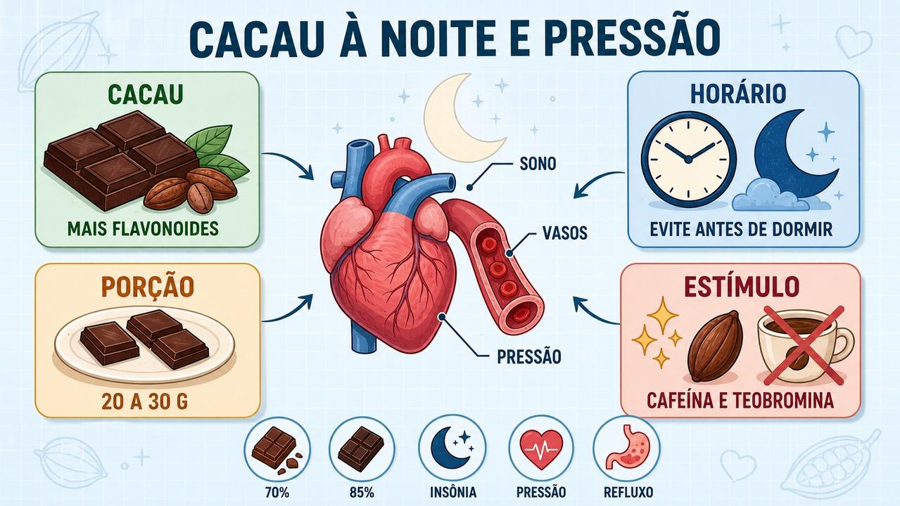 Infográfico resume cacau, horário, porção e estímulo para sono e pressão.