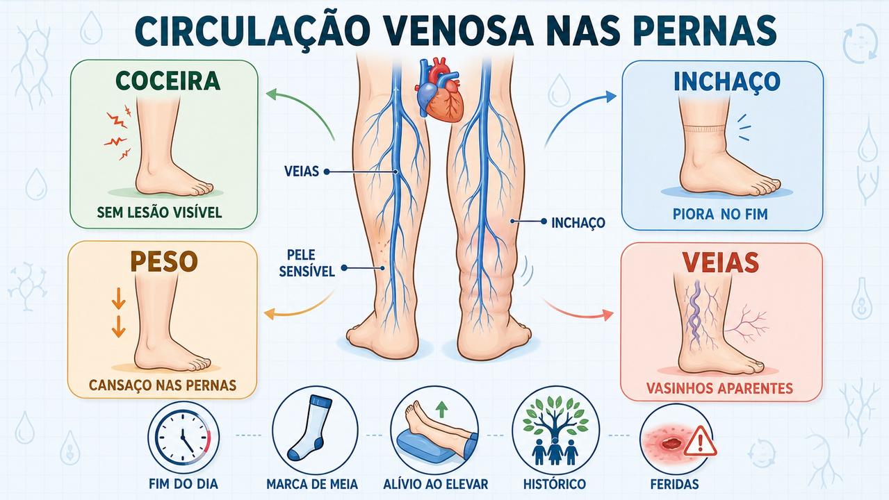 Coceira, inchaço, peso e veias aparentes formam pistas de má circulação.