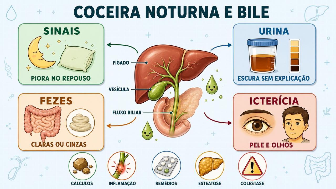 Infográfico resume sinais e pistas biliares ligados à coceira noturna persistente.