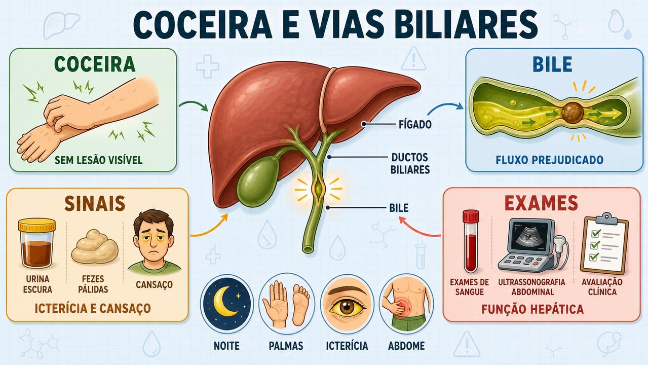 Infográfico resume sinais, exames e relação entre coceira e ductos biliares.
