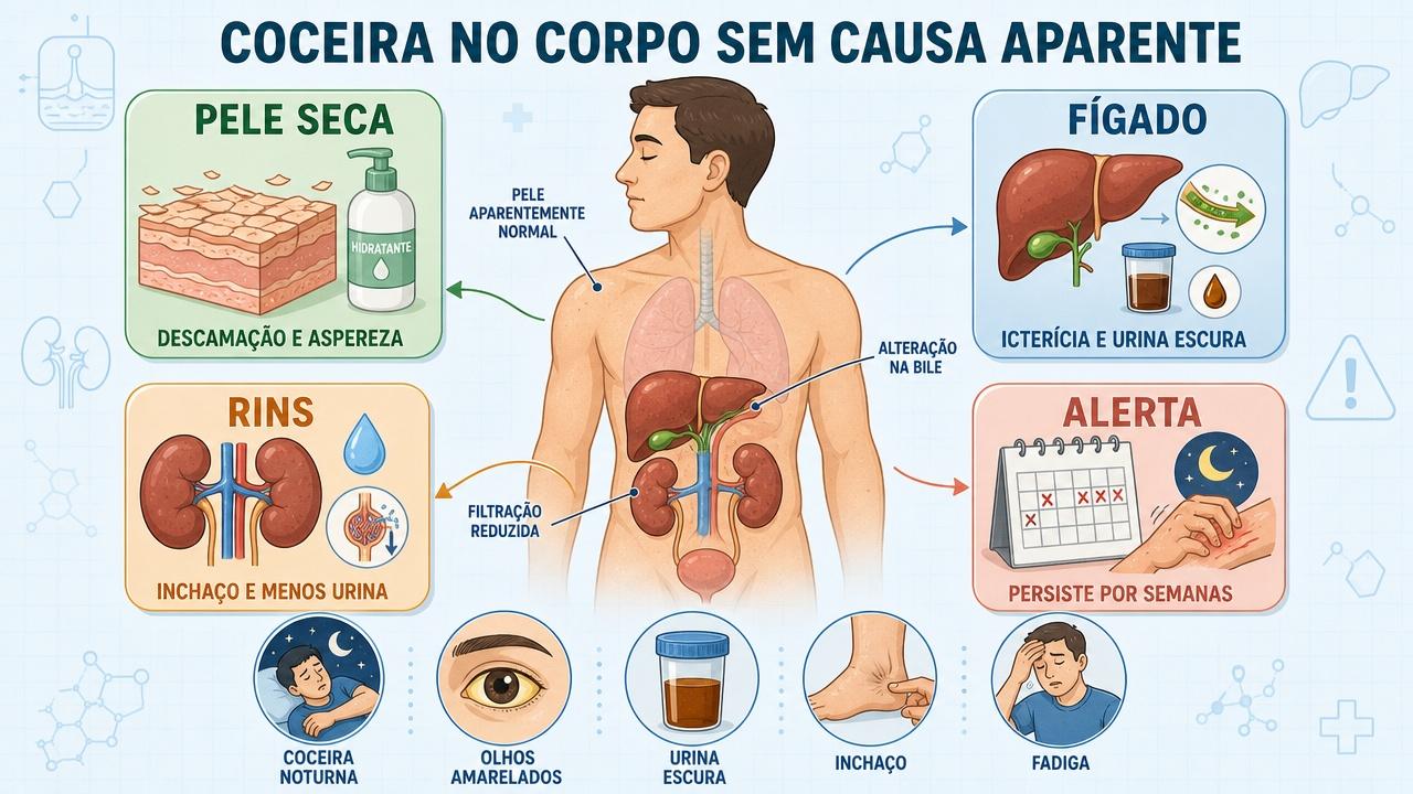 Infográfico mostra sinais de alerta e causas sistêmicas da coceira generalizada.